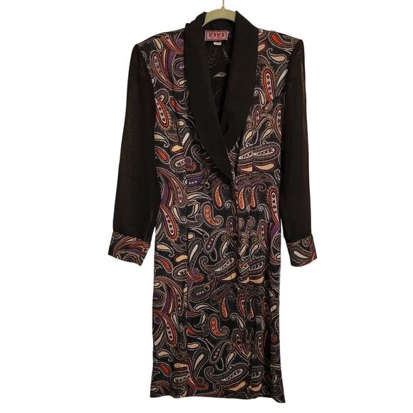 Vintage Vivi Womens Paisley Button Down Dress S Black Shawl Neck Sheer Sleeve - Picture 9 of 14
